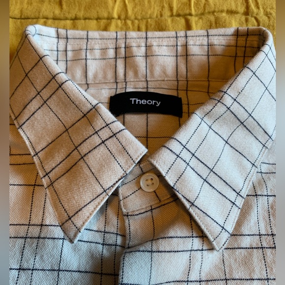 Men’s, Theory L-Sleeve Grid Pattern Shirt, Cream with Navy Stripe, Size L - Picture 5 of 7